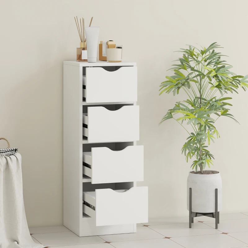 HOMCOM Meuble de salle de bain, meuble de rangement avec 4 tiroirs et poignées en rainure, 29 x 29 x 83 cm, blanc