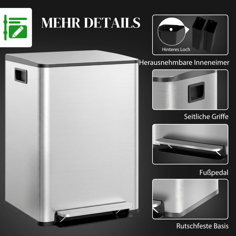 HOMCOM Mülleimer mit 2x30L Fächern, Soft-Close-Deckel, Fingerabdrucksicher, Edelstahl, Silber