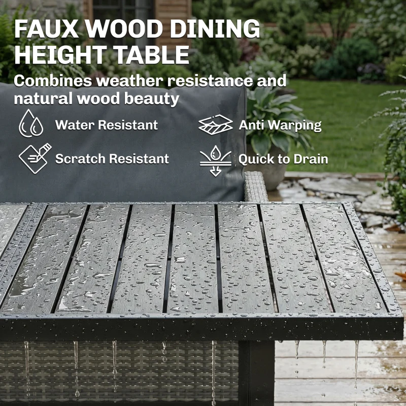 Outsunny 9 Seater Rattan Garden Furniture Corner Sofa Set, Outdoor Dining Set with Faux Wood Table, Ottoman, Cushions, Dark Grey