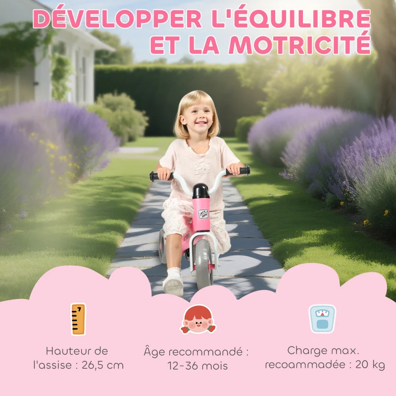 AIYAPLAY Draisienne bébé 1-3 ans jusqu'à 20 kg, vélo enfants sans pédale, 3 roues silencieuses, 69 x 40 x 49 cm, rose