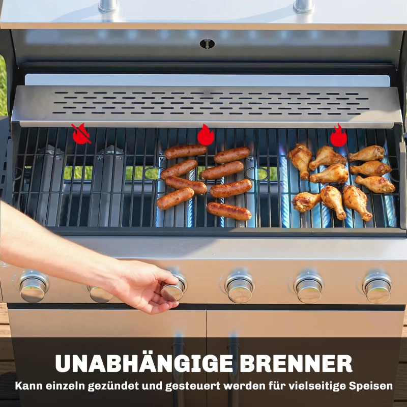 Outsunny Gasgrill 18,6 KW 6+1 Brenner BBQ Grillwagen aus Edelstahl inkl Rolle Thermometer Warmhalterost Seitentisch Unterschrank
