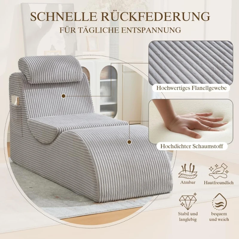 Moderner Freizeit-Sessel mit ergonomischer Rückenlehne, abnehmbarem Sitzkissen und Seitentasche, 160 x 66 x 90 cm, Hellgrau