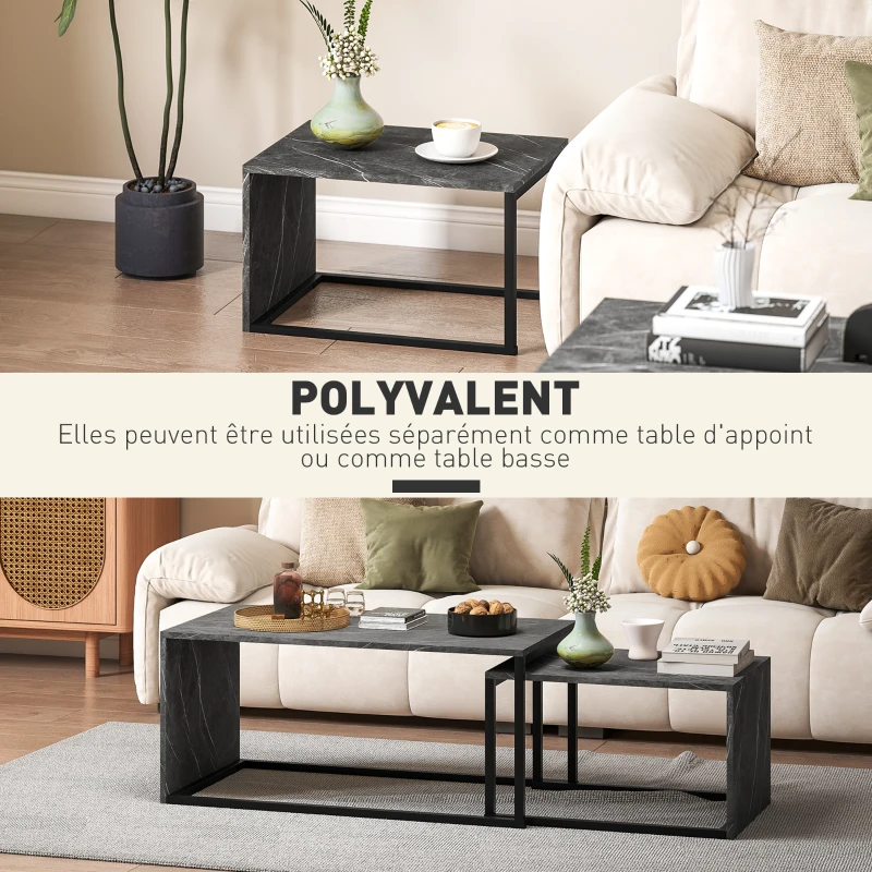 HOMCOM Lot de 2 tables basses gigognes design industriel encastrable en métal noir et effet marbre gris foncé