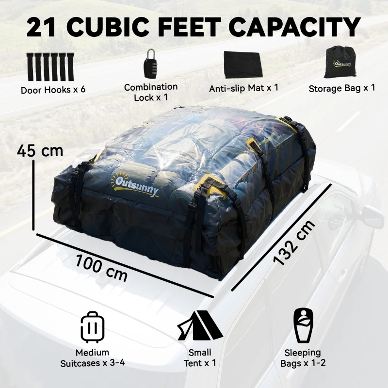 Outsunny Cutie de acoperiș auto 594,3 L pliabilă impermeabilă suport bagaje cu saltea antiderapantă 10 curele grele 6 cârlige pentru ușă