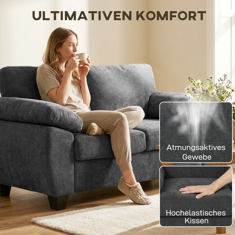 HOMCOM 2-Sitzer-Sofa, 156 cm Chenille-Sofa mit dicken Federkernpolstern, breiten gepolsterten Armlehnen, 300 kg Tragkraft, Dunkelgrau