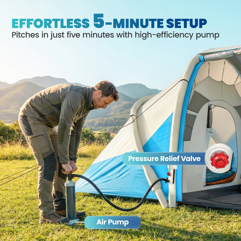 Outsunny Inflatable Tent 2 Bedroom 3000mm Waterproof Windproof Air Tent with Carry Bag for 4 Person