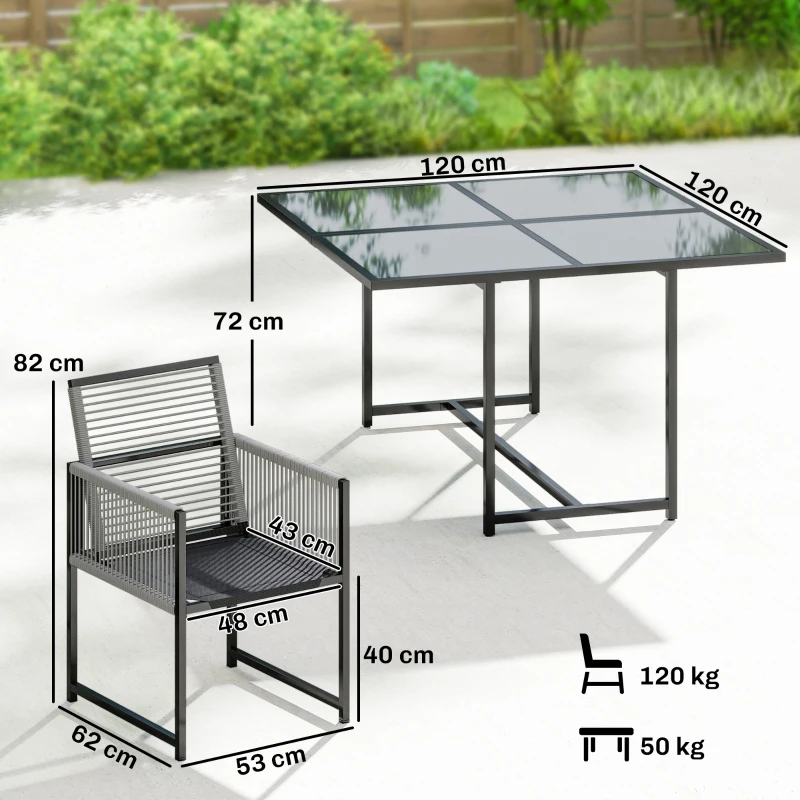 Outsunny Set mobilier grădină 5 piese masă din sticlă cu 4 scaune respirabile, spătare rabatabile, împletitură din sfoară