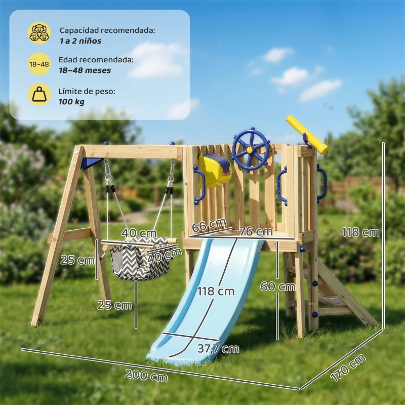 AIYAPLAY Balançoire et Toboggan d'Extérieur en Bois avec Volant Télescope pour Enfants de 18-48 Mois Bois Naturel