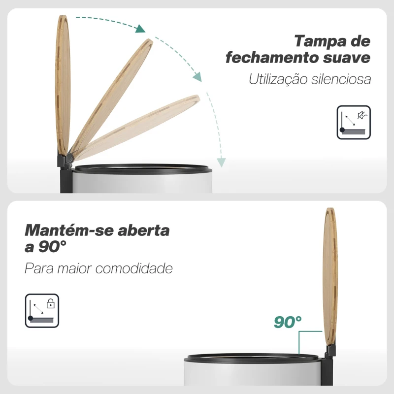 HOMCOM Balde do Lixo para Cozinha com Pedal 30L Cubo de Lixo Metálico com Tampa de Fecho Suave e Balde Removível 36x30x60,5 cm Branco e Madeira