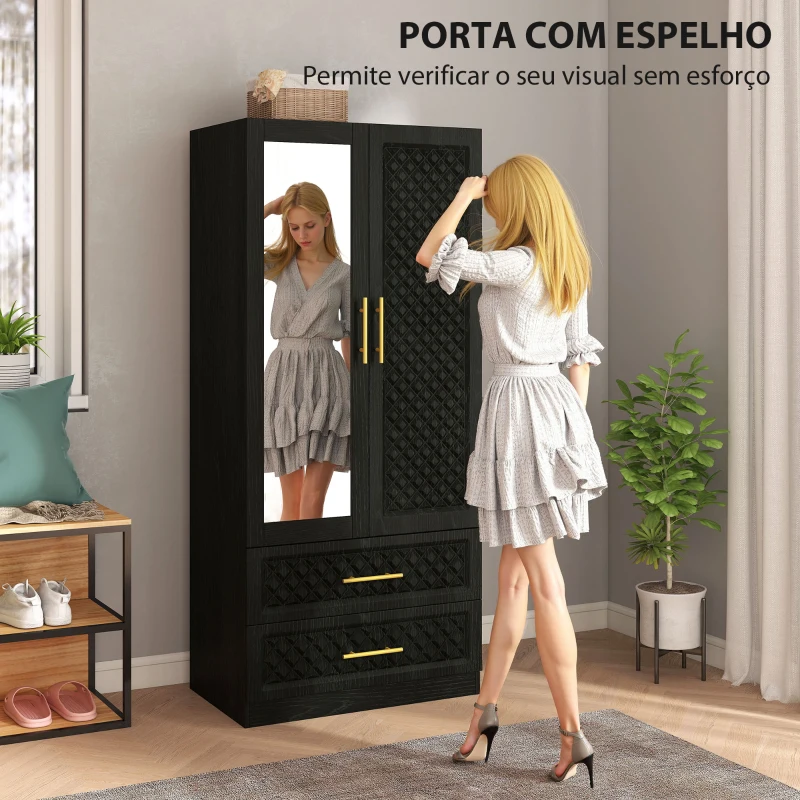 HOMCOM Roupeiro com Espelho 2 Portas e 2 Gavetas Relevo de Diamante Barra para Pendurar Estilo Moderno 80x50x180 cm Preto