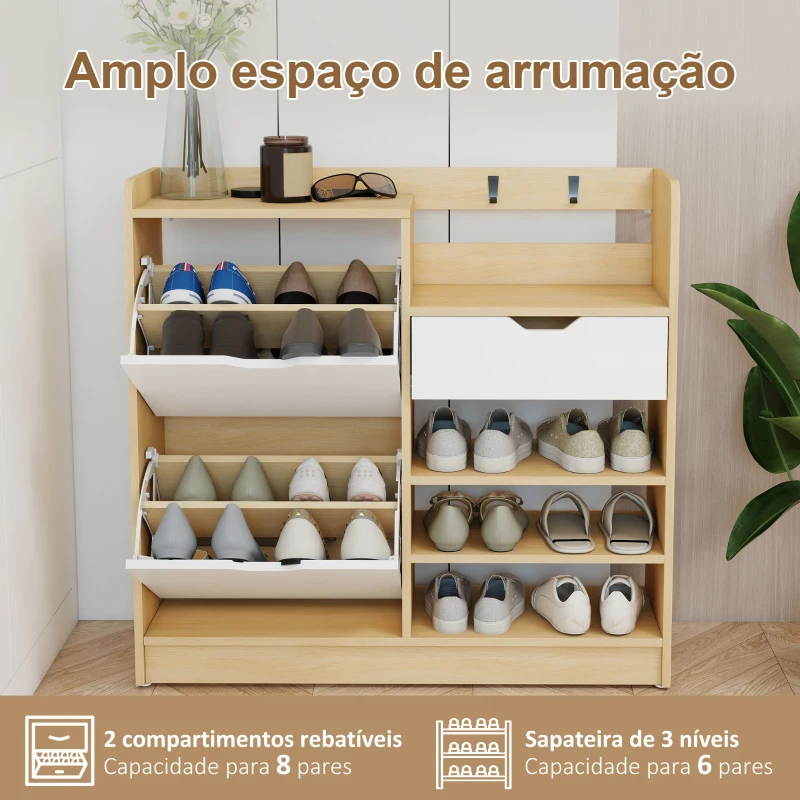 HOMCOM Sapateira Estreita com Prateleiras Ajustáveis Gaveta e 4 Ganchos para 14 Pares de Sapatos 93x30x90 cm Madeira e Branco