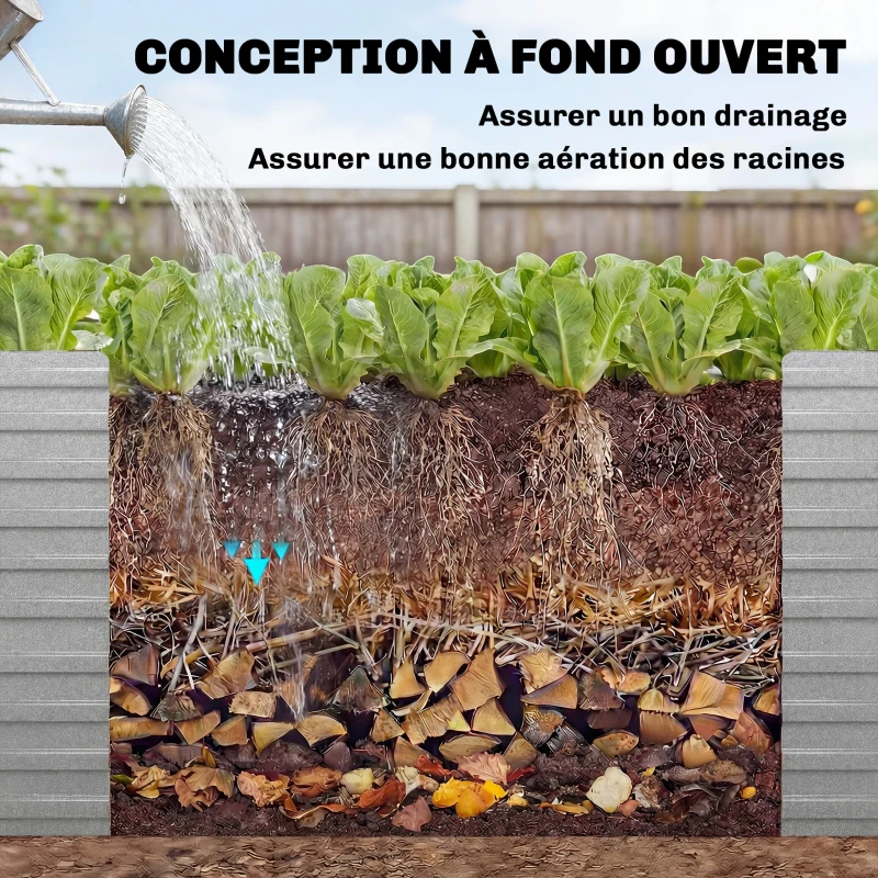 Outsunny Jardinière extérieure, jardinière surélevée galvanisée bordure de sécurité et fond ouvert 240 x 120 x 60 cm gris argenté