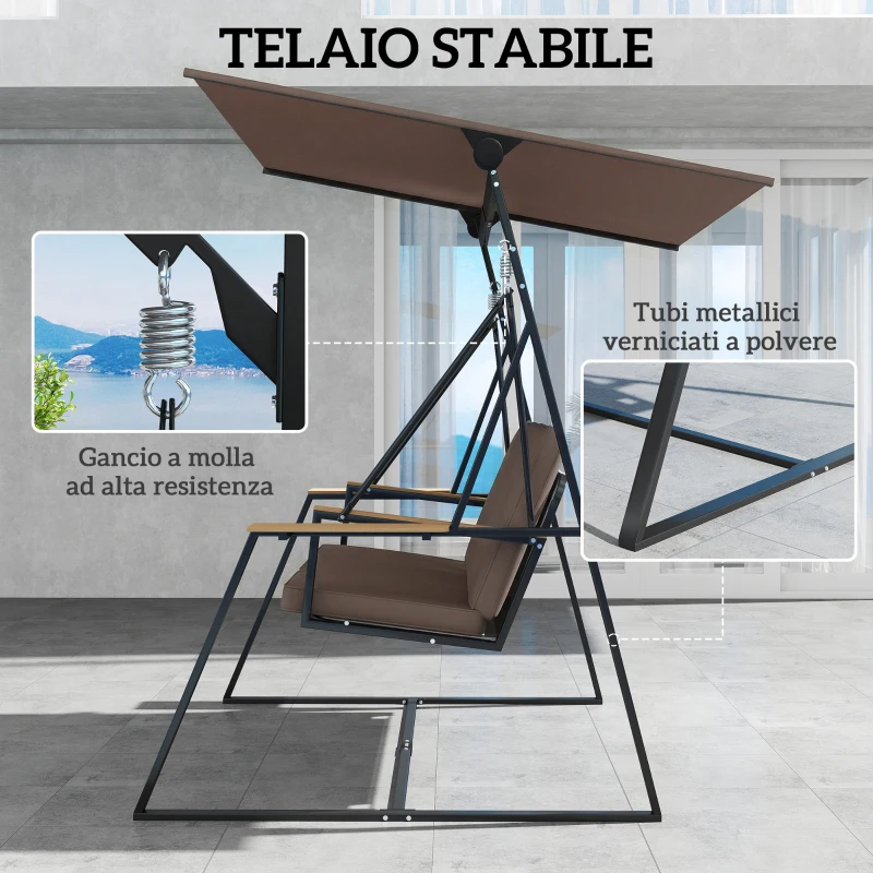Outsunny Dondolo da Giardino 3 Posti con Tettuccio Regolabile, Dondolo da Esterno in Metallo con Vassoi Porta Bicchieri, Cuscini Imbottiti, Portata 360kg, per Terrazzo Balcone, 222x131x175 cm, Marrone