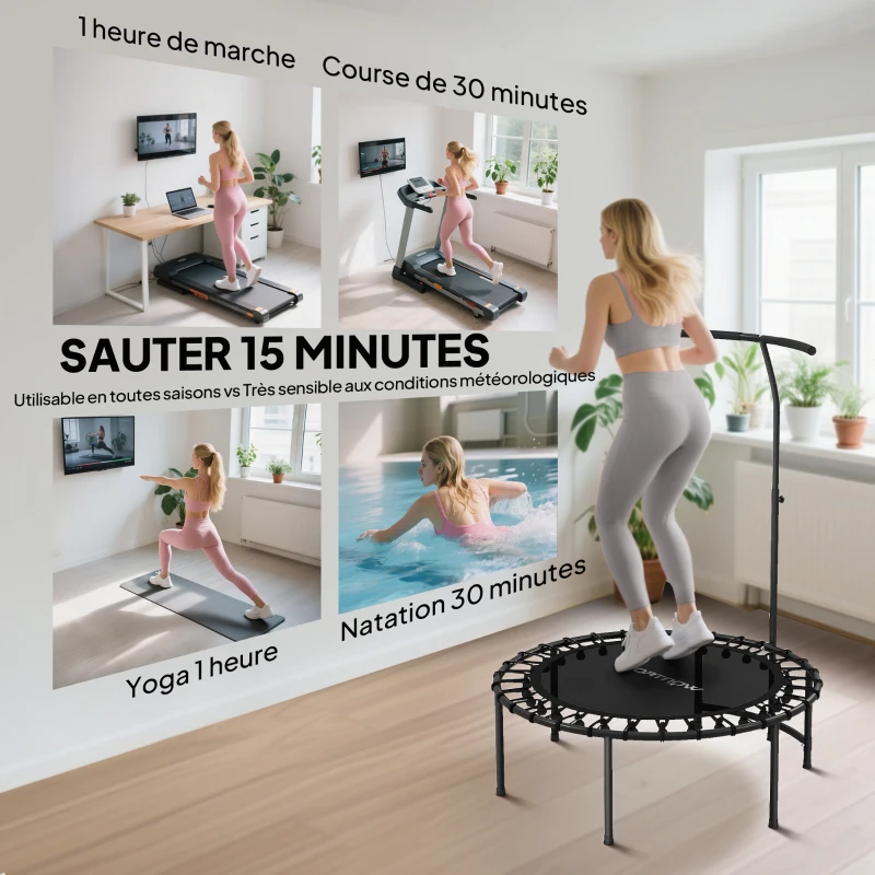 SPORTNOW Trampoline de Fitness avec Cordes Élastiques, Poignée Réglable 5 Positions, Capacité 100 kg, Acier, Ø102x132cm, Noir