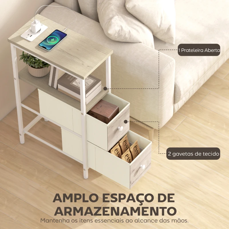 HOMCOM Conjunto de 2 Mesas Auxiliares com Tomada Mesas Auxiliares Estreitas com Tomada AC Porta USB Porta USB-C 2 Gavetas Madeira e Branco