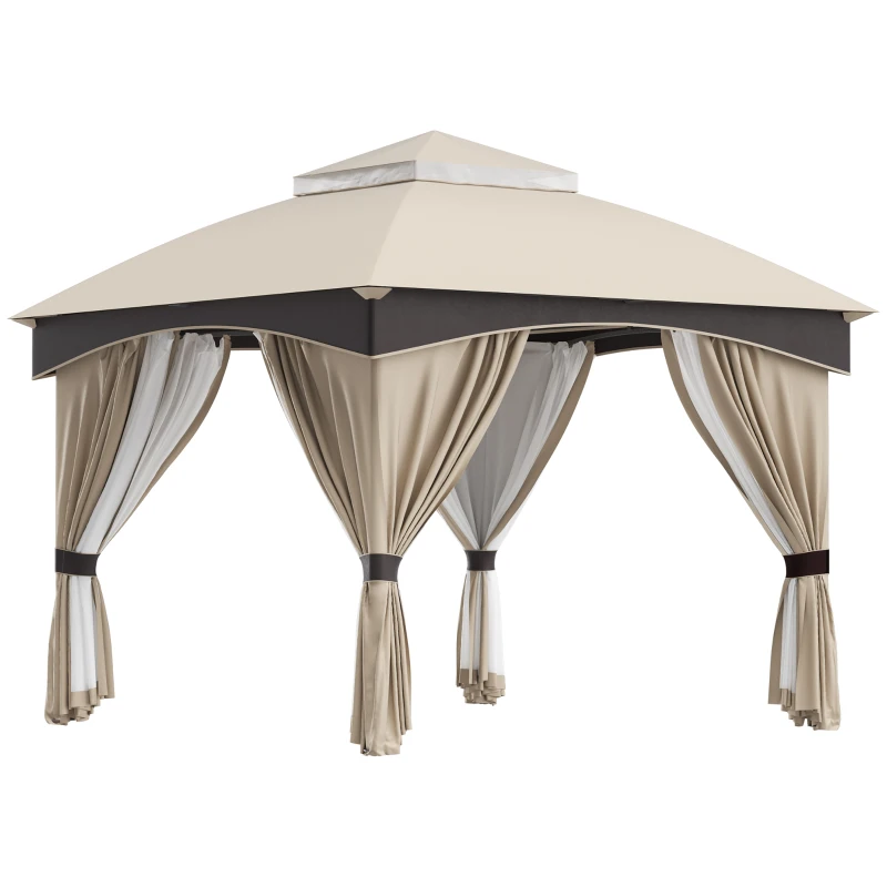 Outsunny Gazebo da Giardino 3x3m in Acciaio con Doppio Tettuccio e Tende, Beige e Grigio