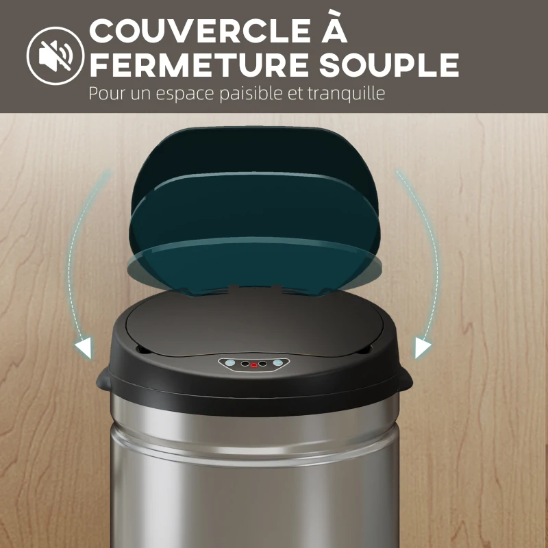 HOMCOM Poubelle cuisine automatique 30L acier inoxydable, poubelle à couvercle à fermeture en douceur, 32x30,5x51cm, argent