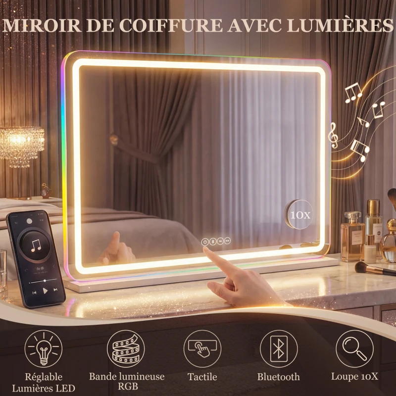 HOMCOM Miroir maquillage lumineux 80x60cm, miroir coiffeuse LED dimmable, lumière RGB, 3 températures de couleur, blanc