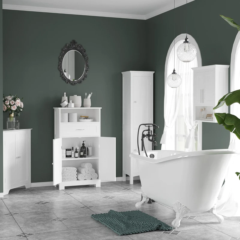 kleankin Tall Bathroom Storage Unit, Slim Bathroom Cabinet with Adjustable Shelves and Double Door, White