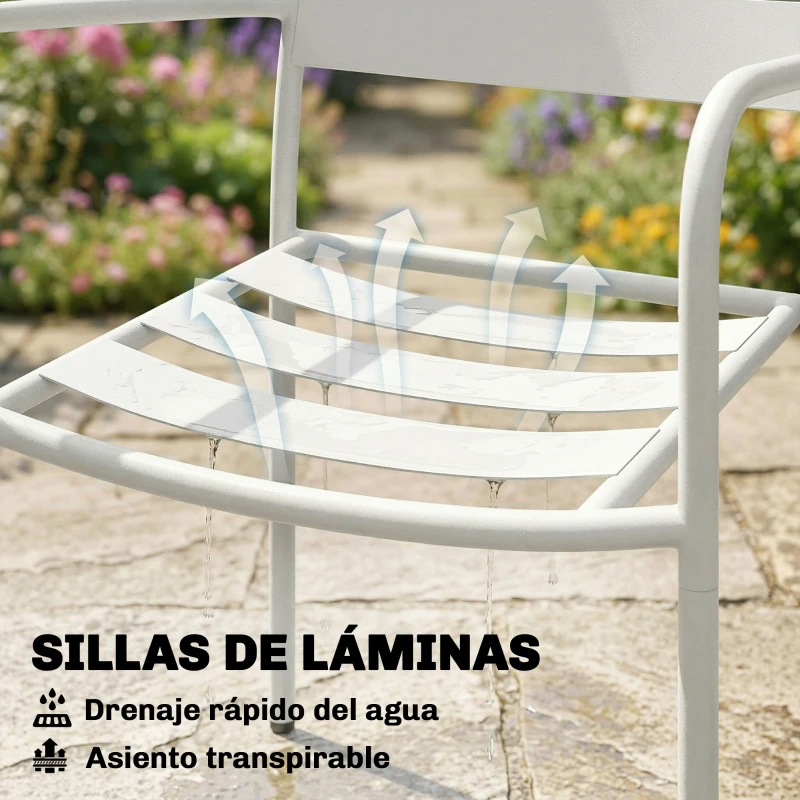 Outsunny Conjunto de Jardín Exterior de 3 Piezas de Acero Galvanizado con 2 Sillas y Mesa de Vidrio Templado Blanco
