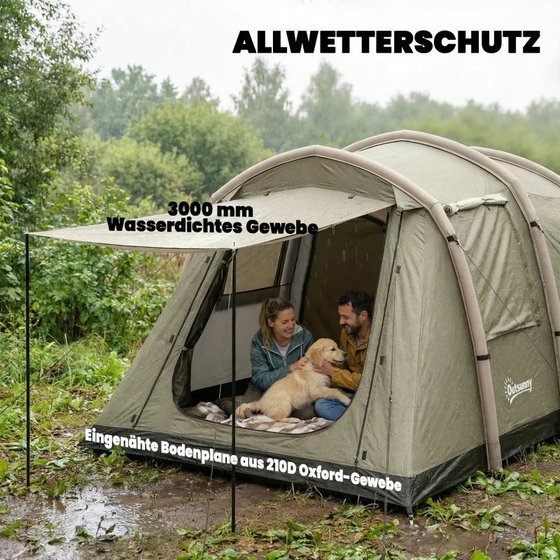 Outsunny Aufblasbares Zelt 2-4 Personen Schneller Aufbau Outdoor Zelt für Camping mit Luftpumpe Mesh Fenster Heringen Vordach