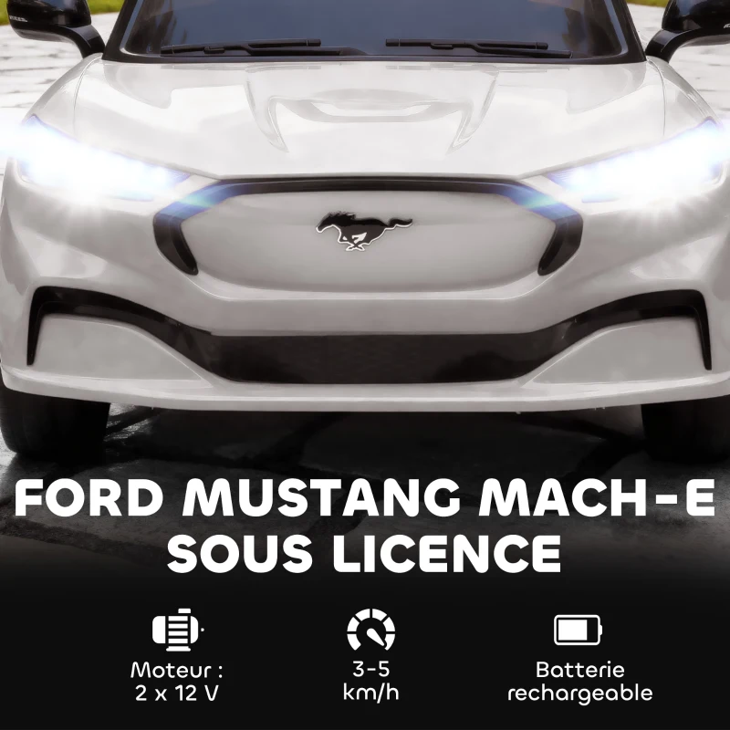 AIYAPLAY Voiture électrique enfant Ford Mustang Mach-E sous licence officielle 12 V télécommande 2,4 G 2 moteurs 92x55x44cm blanc
