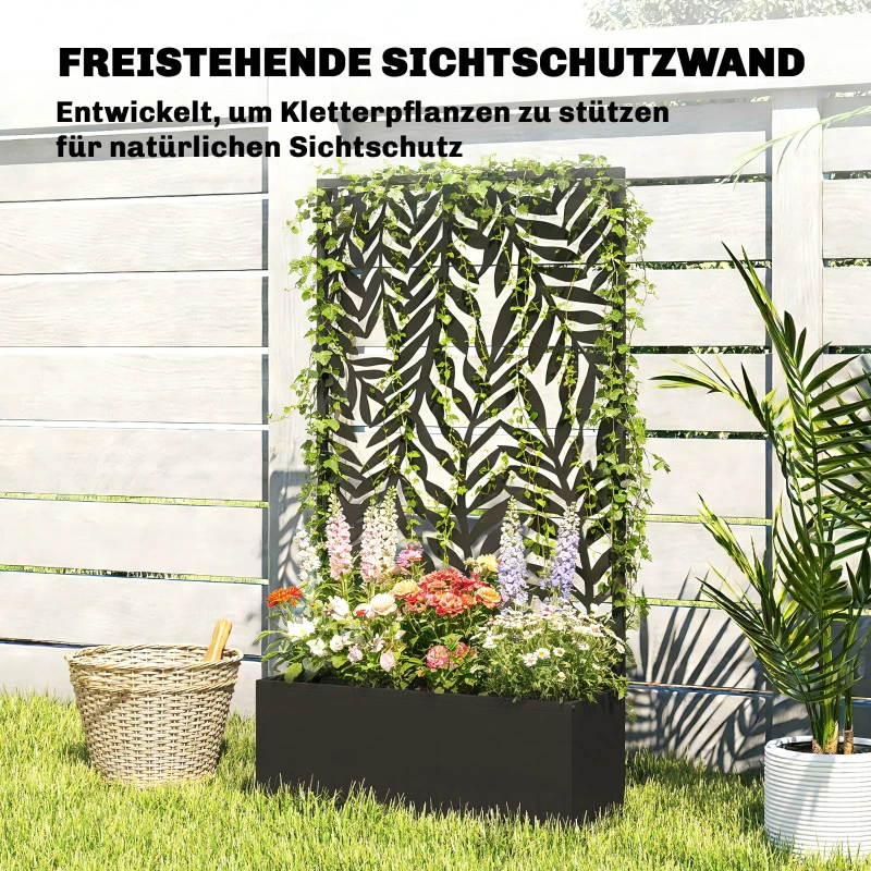 Outsunny Blumenkasten mit Sichtschutz Pflanzkasten mit Rankgitter tropischen Blattmotiven 61 x 23 x 113 cm Schwarz