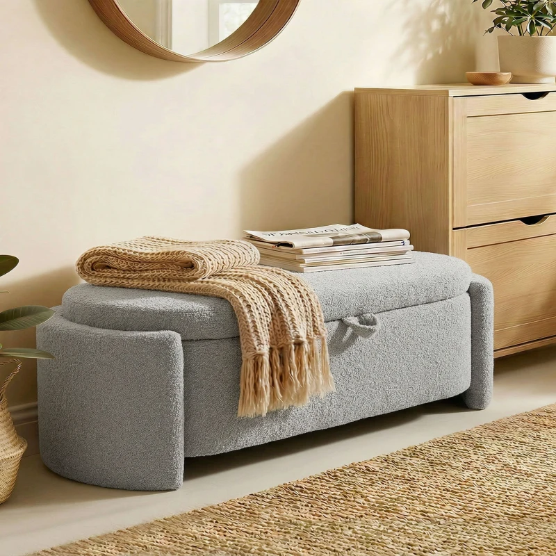 HOMCOM Puff de Armazenamento Banco Ovalado 129x48,5x44 cm Estofado em Tecido Teddy Capacidade 200 kg Cinzento Claro