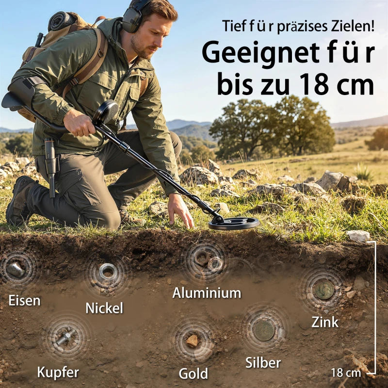 Outsunny Metalldetektor IP68 Wasserdicht Metallsuchgerät mit 3 Modi Kopfhörer Schaufel Spule LCD-Display 7 Zoll Detektionstiefe