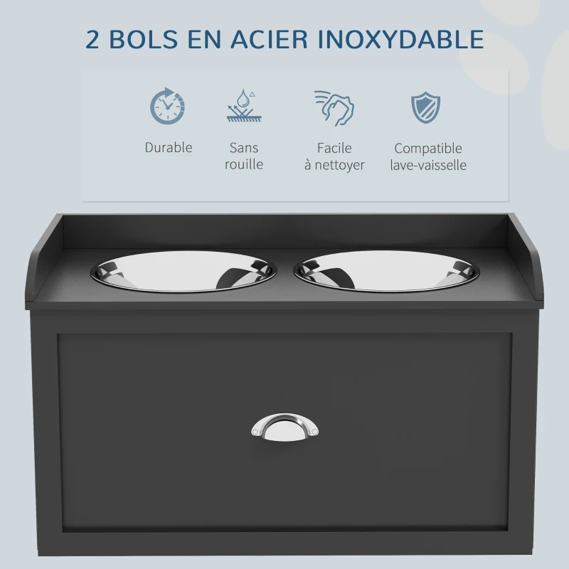 PawHut Gamelle Double Chien Chat - Porte-Gamelles Surélevé Rangement 2 en 1 - Tiroir, 2 Gamelles - Acier Inox MDF Noir