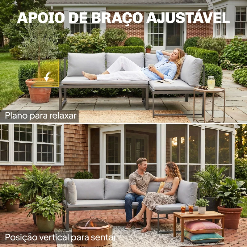 Outsunny Conjunto de Jardim Exterior com Almofadas, 2 Sofás de 2 Lugares com Reposabráços Ajustáveis e Mesa de Centro, Cinzento