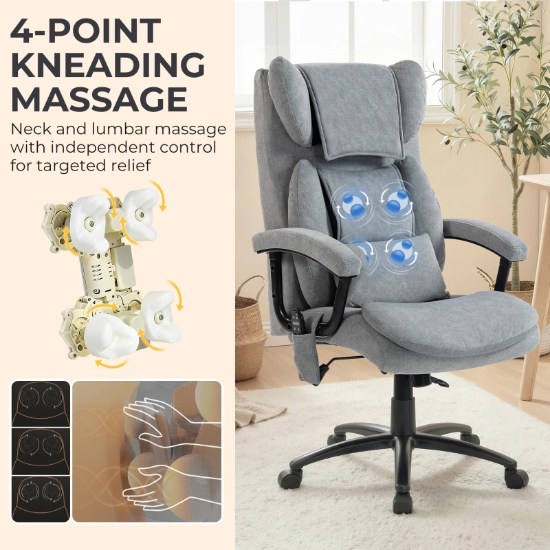 HOMCOM Ergonomische massage-bureaustoel met 4 kneedpunten, directeursstoel met hoge vlinderrugleuning, brede zitting, grijs