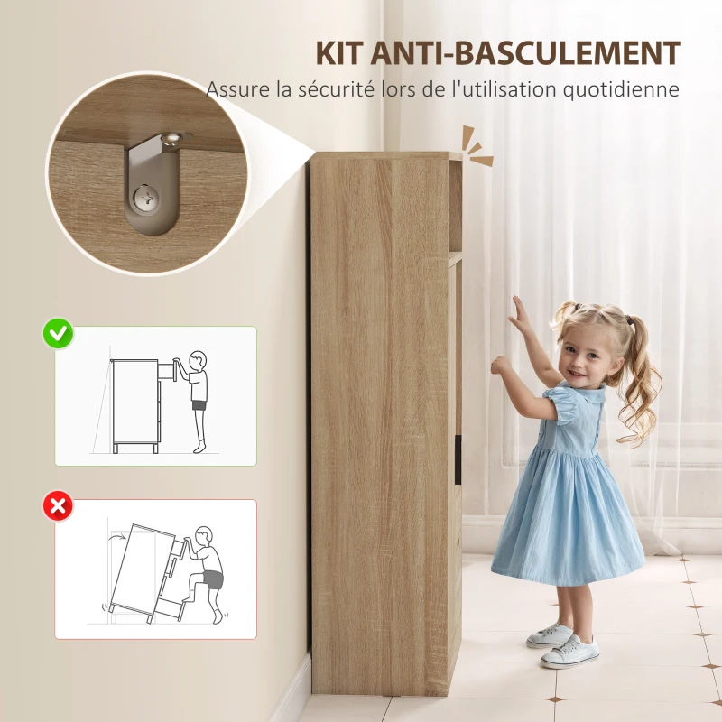 HOMCOM Meuble de salle de bain, meuble de rangement étroit avec 2 tiroirs, compartiments ouverts, 50x25x100cm, bois naturel