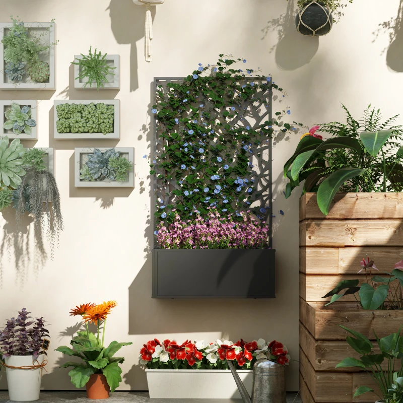 Outsunny Jardinière avec treillis, bac à fleurs pour plantes grimpantes, légumes, fleurs en métal 61 x 23 x 113 cm noir