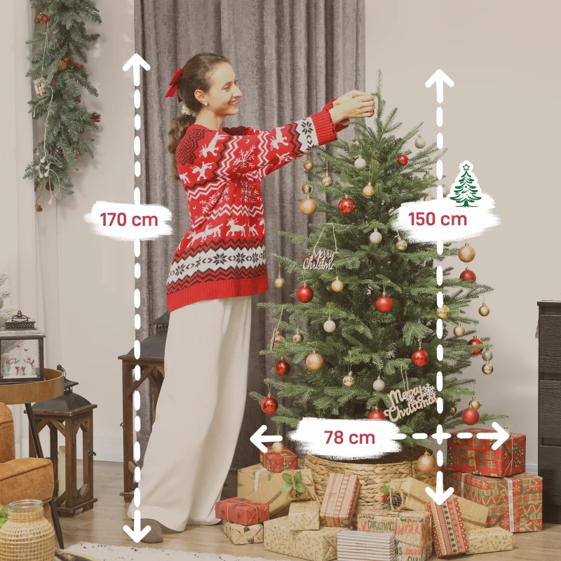 HOMCOM Árvore de Natal Artificial 150 cm com 1186 Ramos Densos Suporte Metálico Dobrável para Interior Verde