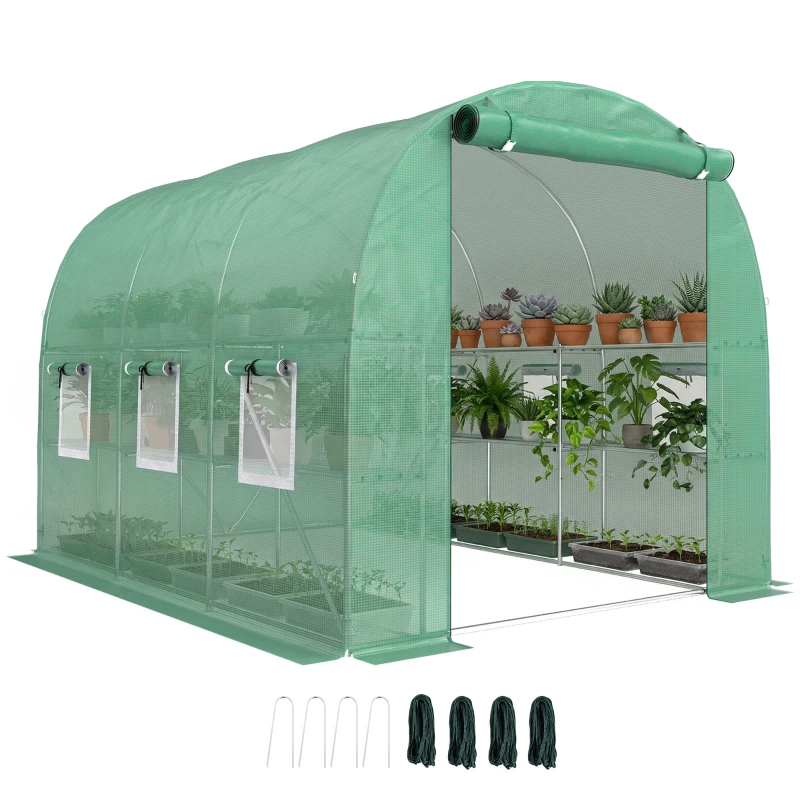Outsunny Estufa Tipo Túnel 2,8x2x1,9 m com Prateleiras Estufa de Jardim com Porta Enrolável, 6 Janelas de Rede Verde