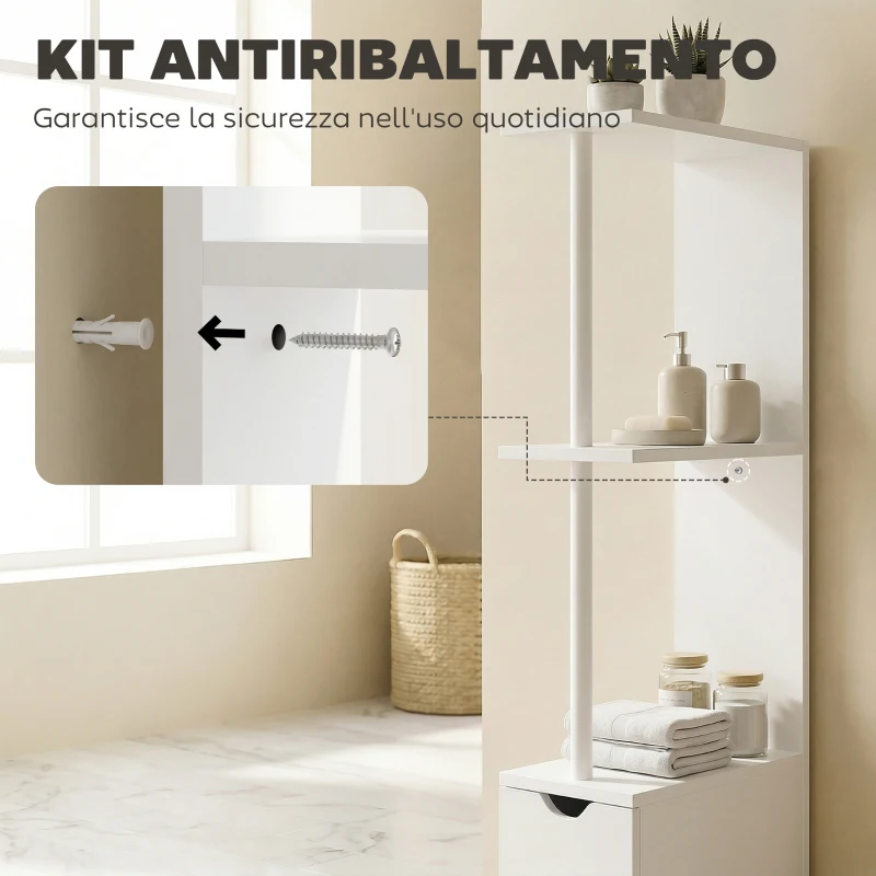 HOMCOM Colonna Bagno con Armadietto, Ripiani e Cassetti, in Legno, 15x33x136.8 cm, Bianco