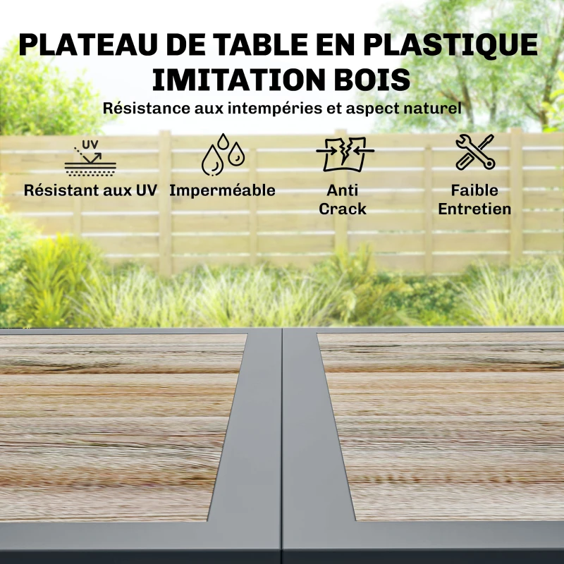 Outsunny Salon de Jardin Ensemble Mobilier de Jardin 7 Pièces Table Effet Bois 6 Chaises Empilables en Textilène 140x80x72cm Gris