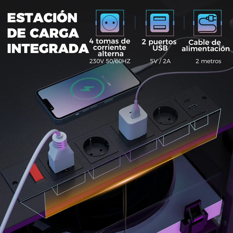 HOMCOM Mesa Gaming Doble de 244 cm con Estación de Carga Puertos USB Soportes para Monitor Cajones de Tela Negro