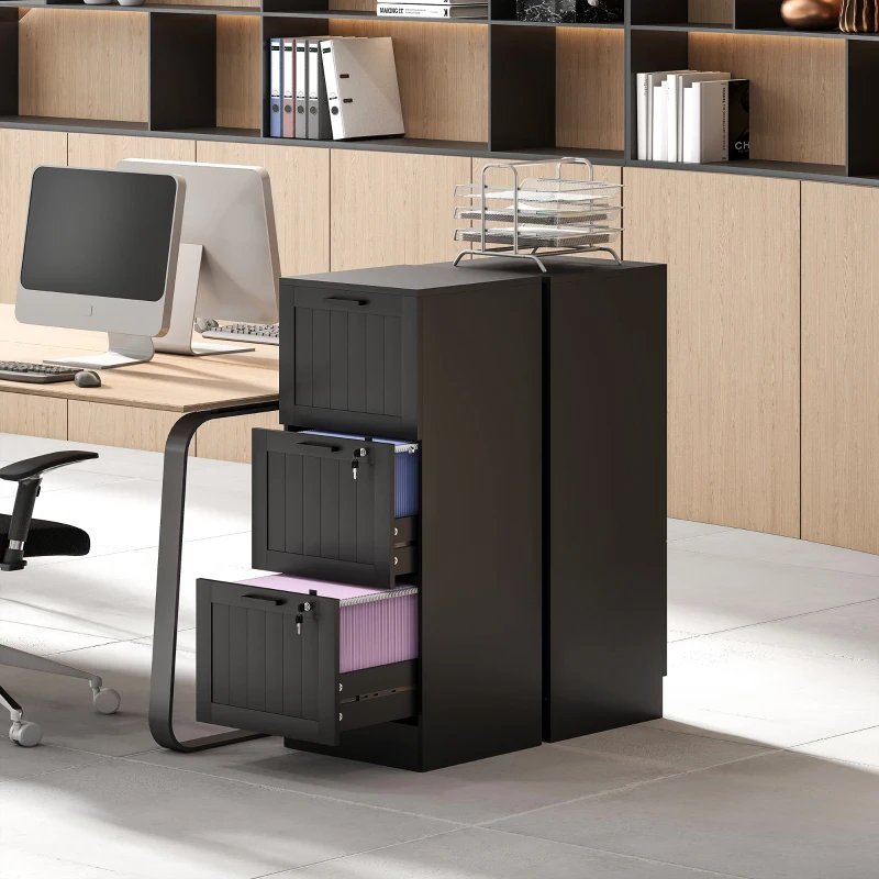 HOMCOM Bloco de Gavetas para Escritório com 3 Gavetas para Escritório com Fechaduras Gavetas Suspensas para A4 40x40x101 cm Preto