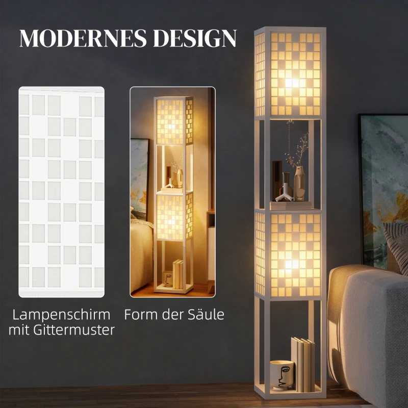 HOMCOM Stehlampe, Gittermuster, 2-Ebenen-Regale, für verschiedene Glühbirnen, Weiß