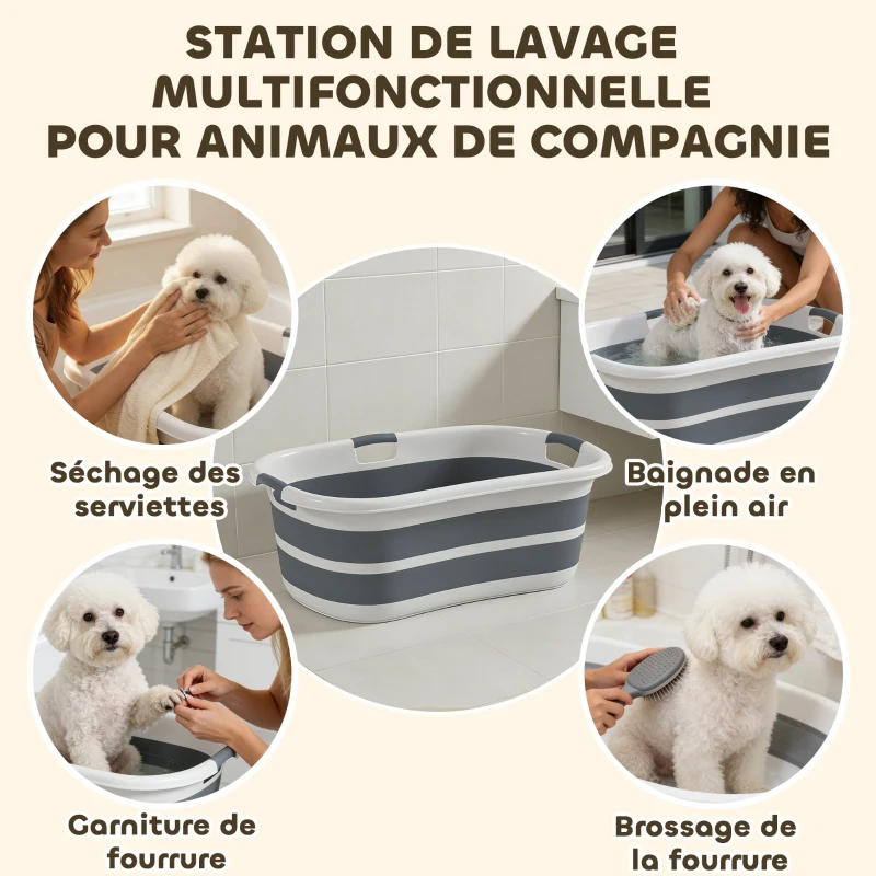 PawHut Baignoire pour Chien, Baignoire Pliable et Portable avec Trou de Drainage, pour Petits Chiens et Chiots, Gris