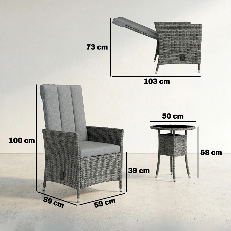 Outsunny Rattan Bistro Set, Reclining Garden Chairs and Glass Coffee Table with Cushions for Patio Balcony Porch, Grey