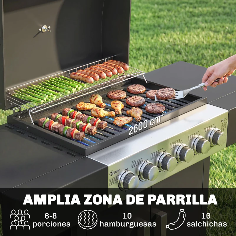 Outsunny Barbacoa de Gas con 6 Quemadores Termómetro Parrilla Mesas Laterales Armario y Ruedas 135x51x101 cm Negro