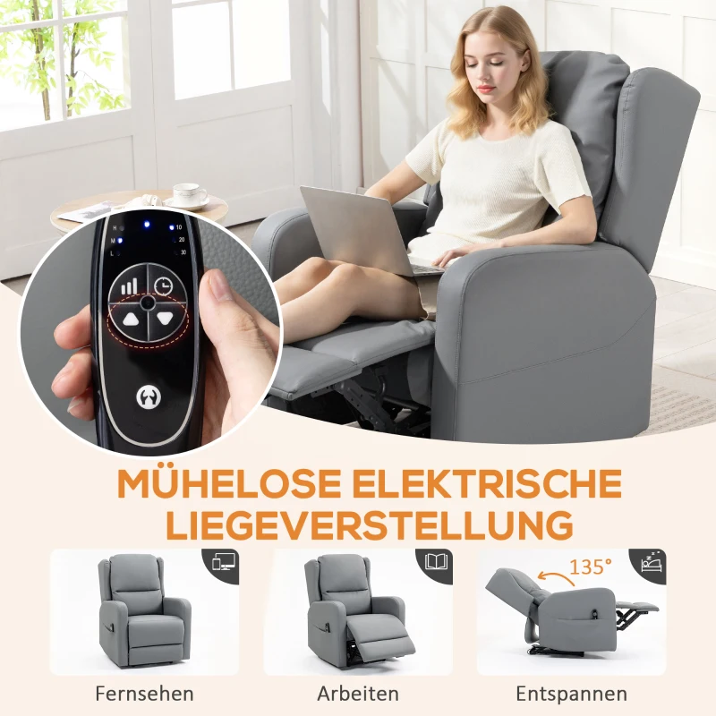 HOMCOM Massagesessel mit Rücklehnfunktion, Kunstleder, elektrisch verstellbar, Fußstütze, Seitentasche, Stahlrahmen, Grau