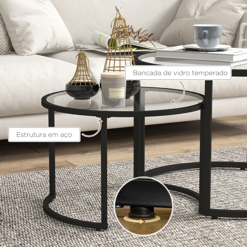 HOMCOM Conjunto de 2 Mesas de Apoio Redondas Bancada de Vidro Temperado e Estrutura de Aço Grande 70 cm Pequena 54 cm Preto e Transparente