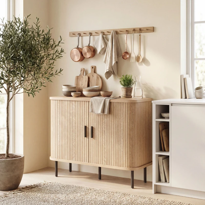 HOMCOM Buffet salon, meuble de rangement avec 2 portes coulissantes en tambour à lattes et 4 compartiments, chêne