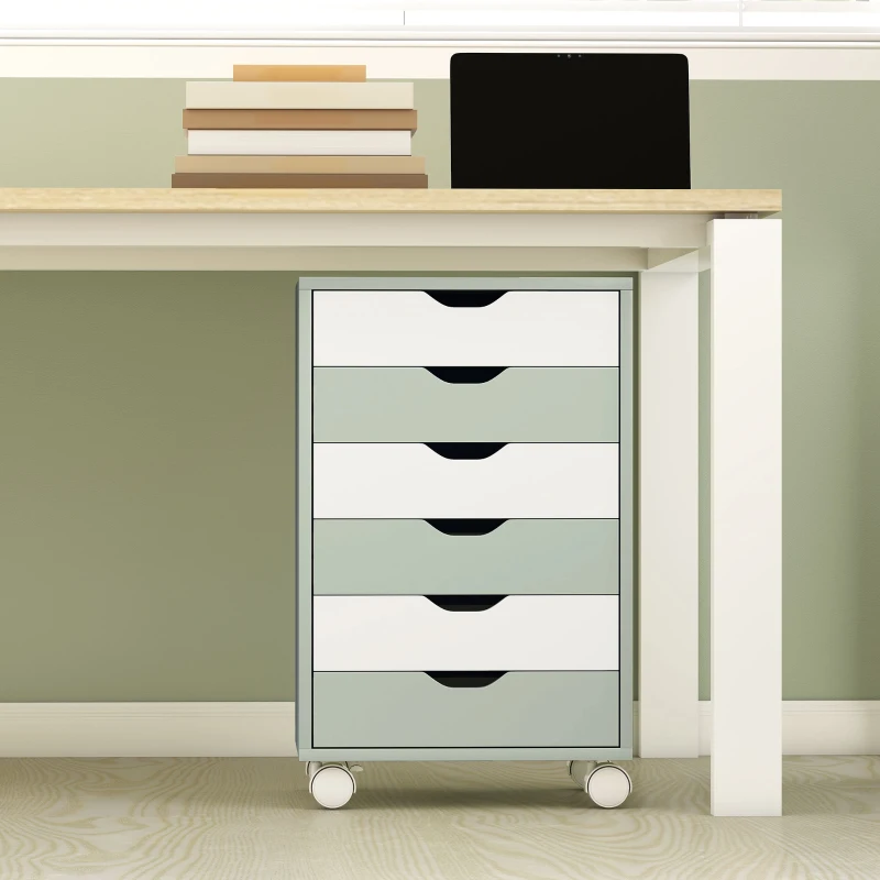HOMCOM Bloco de Gavetas Móvel Arquivador com 6 Gavetas Suporte para Impressora com Rodas 40x35x63 cm Verde e Branco