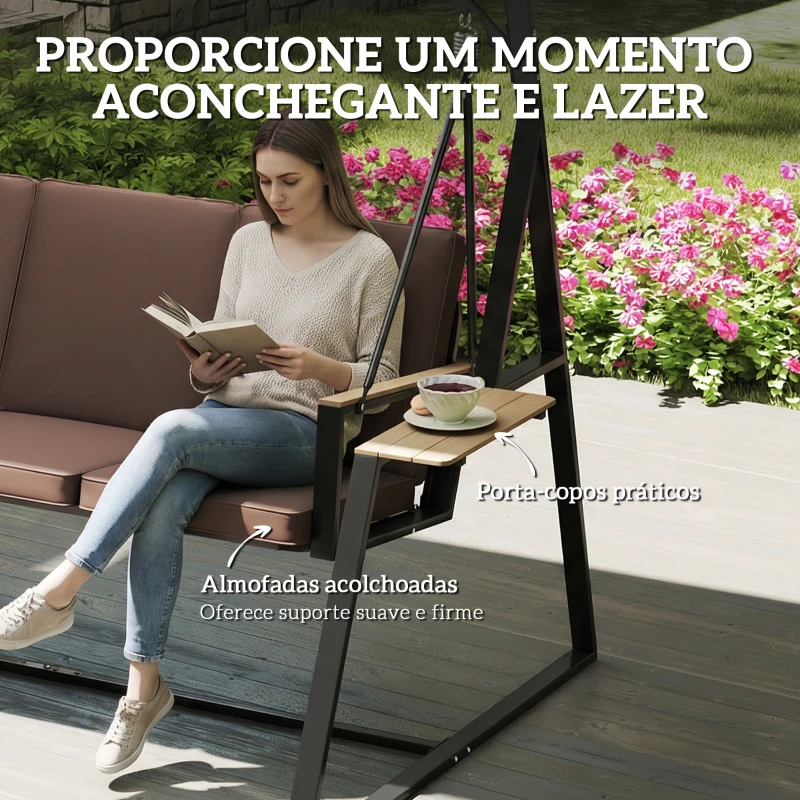 Outsunny Baloiço de Jardim de 3 Lugares com Teto Ajustável UPF50+ 2 Bandejas Almofadas e Estrutura em Metal 222x131x175 cm Marrom