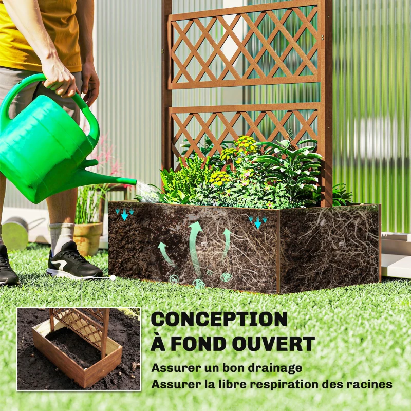 Outsunny Jardinière Surélevée avec treillis et Barres de Toit, bac à fleurs Trous de Drainage, tissu non tissé effet bois naturel